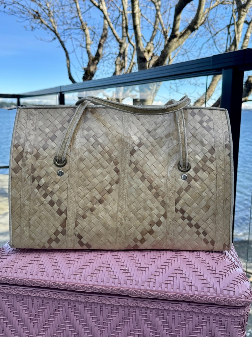 Vintage 50s/60s Woven Straw Floral Trinidad & Tobago Large Tote Travel Bag - Picture 5 of 16